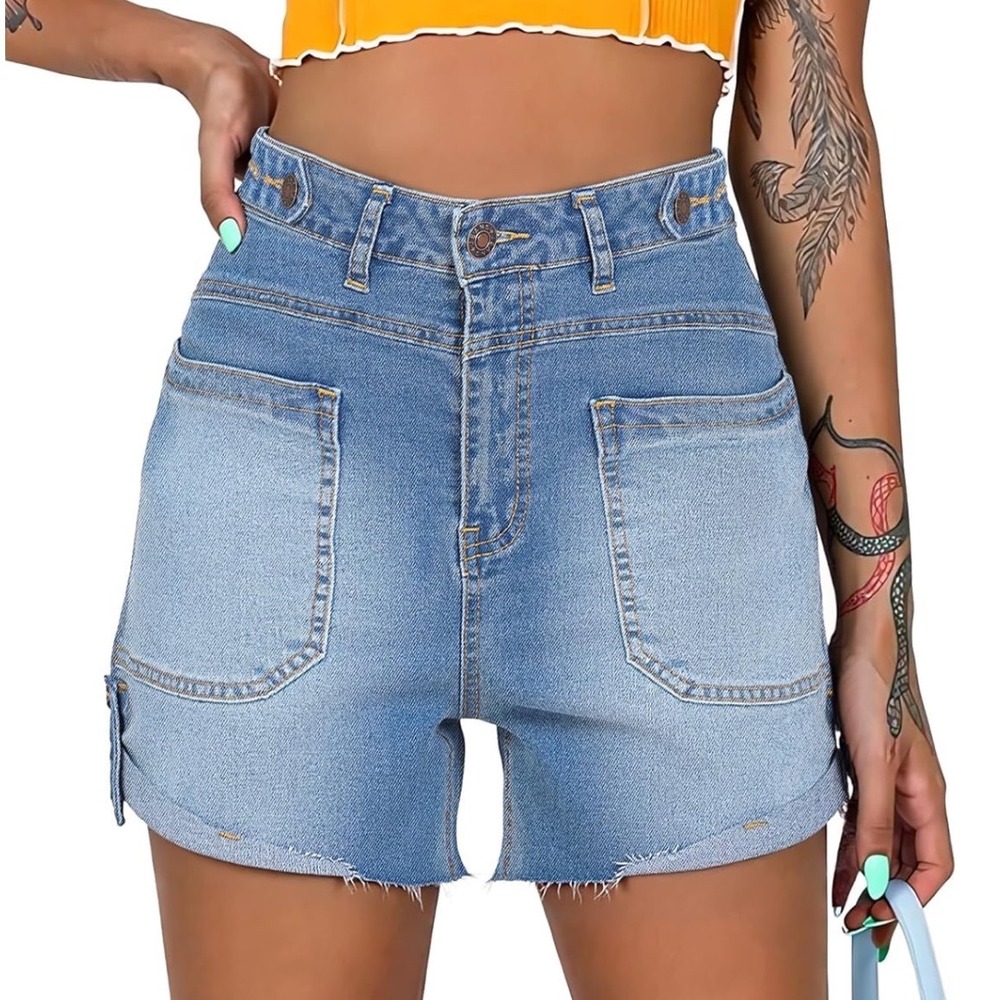 High Waisted Denim Shorts Womens 4 Light Blue Adjustable Waist Stretch Retro Y2K